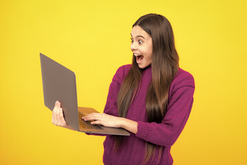 Sticker - Excited face. Young student school girl, studying with laptop computer. E-learning concept. Amazed expression, cheerful and glad.