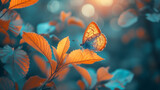 Fototapeta Kwiaty - a butterfly with autumn leaves in the sun