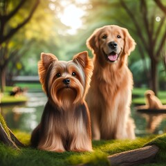 Canvas Print - two dogs sit next to each other on the grass with trees behind them