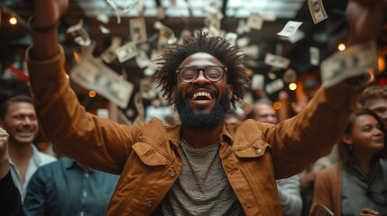 A group of diversity business people enjoy a celebration, with confetti and banknotes in the air and money flying around, sharing a moment of successful