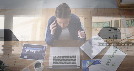 Poster - Image of caucasian businesswoman in office over people walking and cityscape