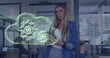 Image of data processing with cloud and cogs over caucasian businesswoman in office