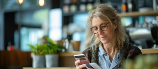 Canvas Print - Middle-aged woman, wearing glasses, pays for her order in a cafe using a smartphone and a bank card.