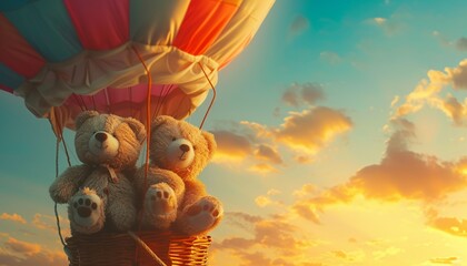 Wall Mural - Whimsical teddy bears on a hot air balloon ride against a colorful sunset sky, their journey captured in delightful 8K detail,