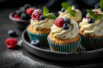 Wall Mural - Delicious Cupcakes with Blueberries Raspberries and Mint