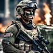 © ArtisticVisions - Male US military operator leader holding RPG, green face paint, full tactical gear, half body, waist up, burnt out city background