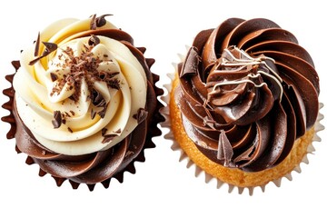 Wall Mural - Chocolate and vanilla cream cupcakes isolated on white background.