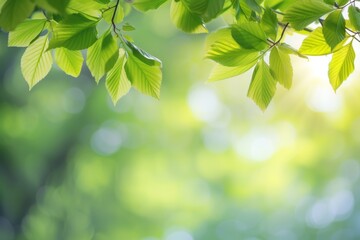 Wall Mural - Spring background - green tree leaves on blurred background with a copy space. AI generative