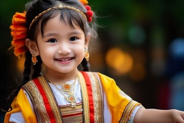 Wall Mural - Little asian girl wearing indian costume with blur bokeh background