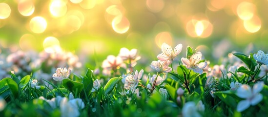 Poster - Glistening blossoms and verdant turf with beautiful blurred background.