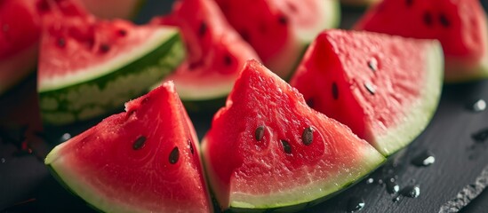 Poster - Red slices of ripe watermelon pulp are resting on the table.