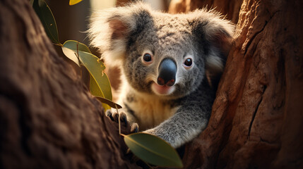 Wall Mural - A close-up of a koala bear nestled in the crook of a eucalyptus tree.