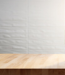 Wall Mural - Empty wooden beautiful tabletop on wall background. For mounting a product display or visual design layout.