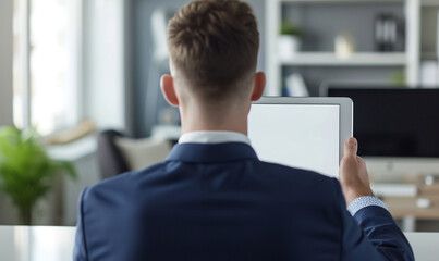 Wall Mural - close up shot of blank white screen tablet used by a businessman wearing suit, rear view of man, at the work desk, minimalism office room.