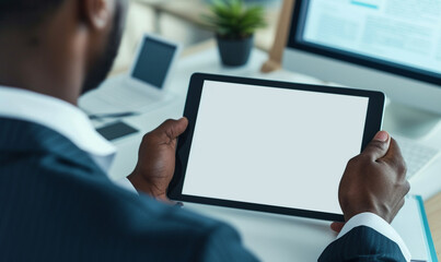 Wall Mural - close up shot of blank white screen tablet used by a businessman wearing suit, rear view of man, at the work desk, minimalism office room.