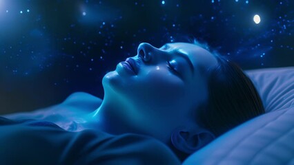 Wall Mural - A hologram of a virtual sleep coach displaying a visualization of a peaceful and restful nights sleep while offering tips and techniques for improving sleep habits.