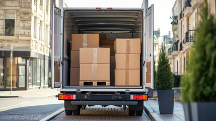 Delivery truck loaded with cardboard boxes.