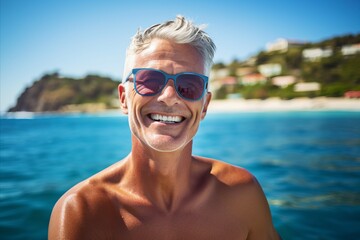 Wall Mural - Portrait of a smiling senior man wearing sunglasses at the beach.