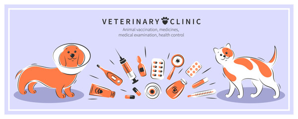 Veterinarian clinic or hospital for animals. Animal vaccination, medicines, medical examination, health control. Treatment of cats and dogs. Vector illustration