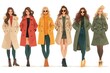 Vector group of modern stylish women and girls in fashion clothes standing together. fashionable spring or fall outfits. street style models. colored flat vector illustration