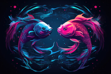 Illustration neon style Pisces sign, dual fish swimming in opposite directions in vibrant pink and blue neon against a dark sea-themed background