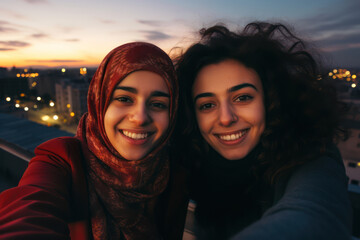 Wall Mural - 17-year-old Middle Eastern girls, capturing a sweet selfie together on a city rooftop at dusk first teenage crush