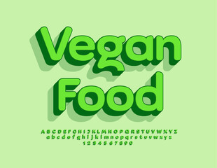 Vector eco flyer Vegan Food. Green 3D Font. Bright Alphabet Letters and Numbers set.