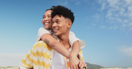 Poster - Couple, piggyback and love on vacation, outdoors and bonding or conversation on summer holiday. People, weekend and traveling on adventure for date, carrying and game or communication in nature