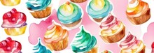 Lot Of Little Cakes, Banner In Pastel Colors, Greeting Card Concept, Cupcakes Dessert Watercolor Illustration, Top View