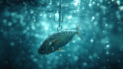 Poster - Fishing. Close-up shut of a fish hook under water 