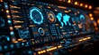 An electronic head-up display with a futuristic user interface featuring 3D global world maps and business data charts. An electronic dashboard panel with circular diagrams, blue holograms, and a