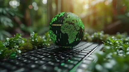 Poster - Globe on laptop keyboard with stock graph on screen. Green business concept. Carbon efficient technology. Digital sustainability. Future green energy innovation business trend.