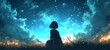 Anime-style art of a girl sitting in a grassy field, gazing at a star-filled sky transitioning from twilight blue to sunset orange, evoking a peaceful, introspective moment.
