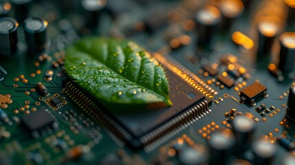 Aufkleber - The green leaf on a computer circuit board converging with digital convergence and technological convergence. Green Computing, Green Technology, Green IT, and IT ethics.