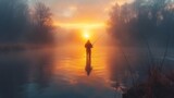 Fototapeta Tęcza - Fisherman with rod, spinning reel on the river bank. Sunrise. Fishing for pike, perch, carp. Fog against the backdrop of lake. background