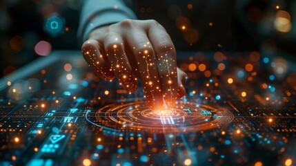 Poster - An experienced businessman hands on digital data network transformation in cyberspace, internet networks, digital software development, algorithms, metaverses, and data sciences.