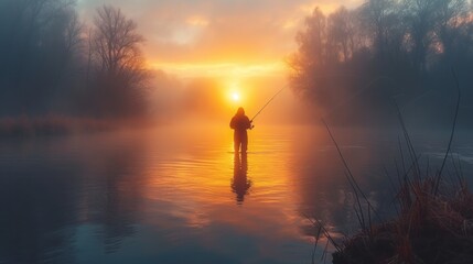 Sticker - Fisherman with rod, spinning reel on the river bank. Sunrise. Fishing for pike, perch, carp. Fog against the backdrop of lake. background