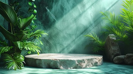 Leinwandbilder - Mock-up of a natural stone and concrete pedestal with green leaves as a background for packaging product presentations. Backdrop for cosmetic products.