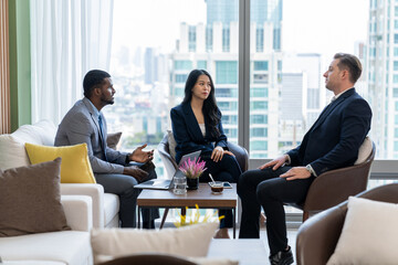 Group of diverse executive investor listening businessman talking about investment. Professional business team discussing about business plan, statistic, marketing strategy at office. Ornamented.