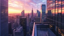 View From The Roof Of A Modern City With Tall Office And Commercial Buildings At Beautiful Sunset. Developed Business District With High Skyscrapers With Contemporary Architecture In New York