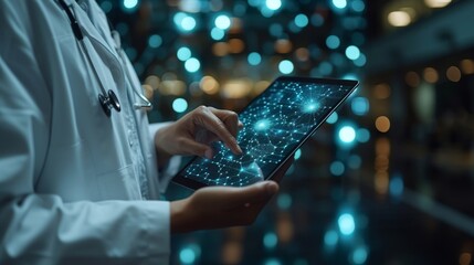Poster - In this clip, we see a medicine woman doctor touching a digital medical record tablet with DNA. Holographic AR of healthcare, medical technology, and network connection.