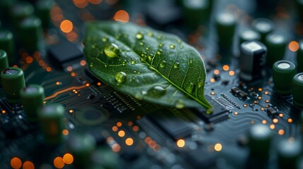Aufkleber - An image of a green leaf on a converging circuit board. Concept of green computing, green technology, green IT, continuous service, and IT ethics.