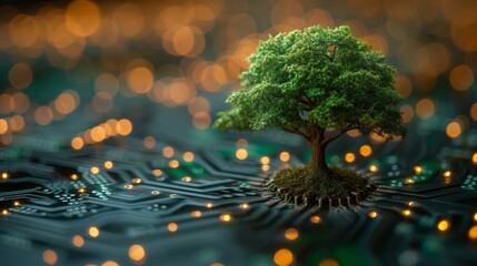 Aufkleber - Digital and Technology convergence. Wireframe network background. Concepts of Green Computing, Green Technology, Green IT, social responsibility, and IT ethics.