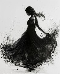 A graceful woman stands in a flowing gown, captured in a stunning sketch that brings the art of fashion to life