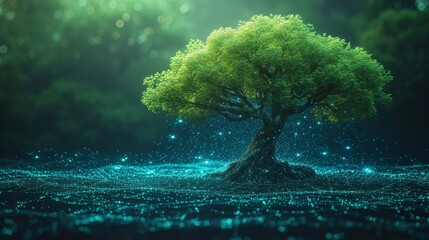 Aufkleber - Green computing, green technology, green IT, change management, and IT ethics concepts. Tree growing on a Circuit Digital Cube. Digital and Technology Convergence. Blue light and wireframe network