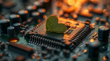 Aufkleber - An image of a green leaf with a heart shape on a computer circuit board / green computing / climate change / IT ethics