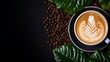 Cappuccino coffee cup with beans and leaves on black background coffee day banner mockup