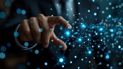 Intrigued by a finger touching a network of blue glowing dots on a dark background. Suitable for technology, connectivity, and futuristic concepts.