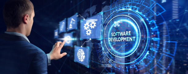 inscription software development on the virtual display. business, modern technology, internet and n