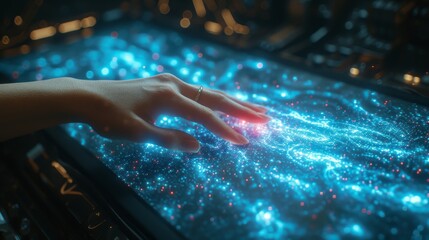 Leinwandbilder - A woman's hand touches the metaverse universe. Digital transformation conceptual for next-generation technology.